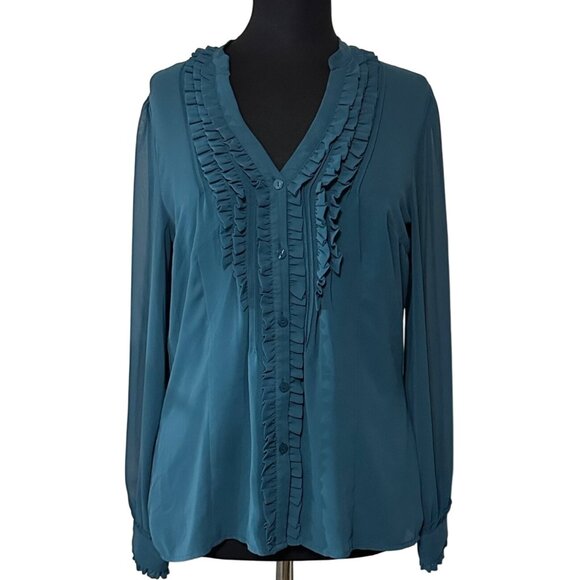 Worthington Brand Teal Blue Sheer Ruffled Blouse 100% Polyester Women's Size L - Picture 1 of 16